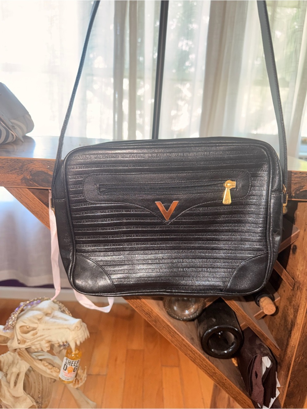 Valentino Black Leather cross body V-Emblem Crossbody Bag with Gold Accents - Picture 2 of 7